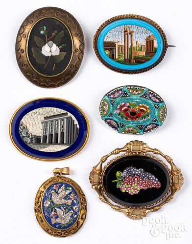 Six gold and gold filed mosaic brooches