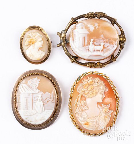 Four gold and gold filled cameo brooches