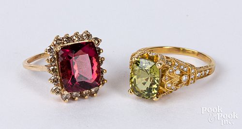Two 14K gold, diamond, and gemstone rings