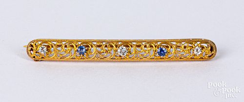 14K yellow gold, diamond, and gemstone brooch