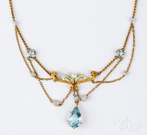 18K gold, pearl, and gemstone necklace