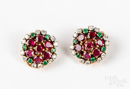Pair of 18K gold, ruby, emerald, diamond earrings