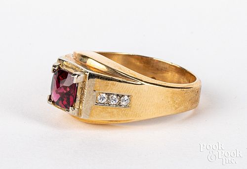 14K yellow gold, garnet, and diamond ring