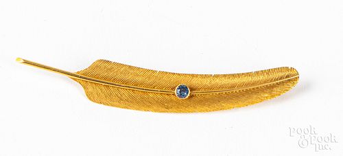 14K gold and gemstone feather brooch