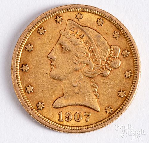1907 Liberty Head five dollar gold coin