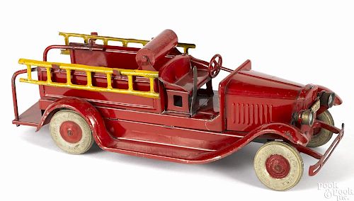 Kingsbury pressed steel clockwork chemical fire truck with rubber tires, 14'' l.