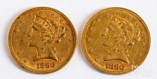 Two 1880 Liberty Head five dollar gold coins