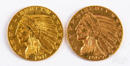 Two Indian Head five dollar gold coins