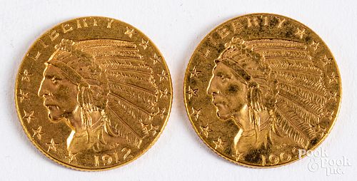 Two Indian Head five dollar gold coins, 1909, 1912