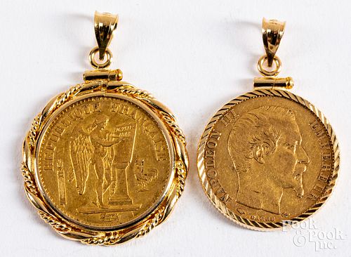 Two French 20 franc gold coins in 14K pendants