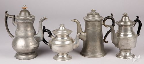 Four pewter coffeepots and teapots, 19th c.
