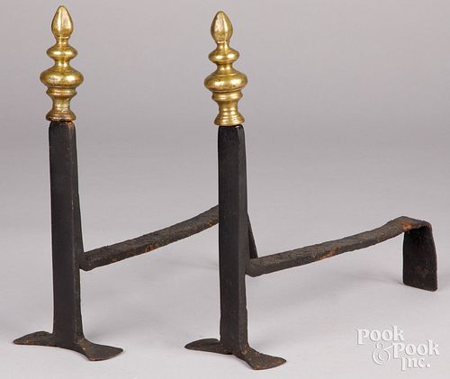 Pair of wrought iron andirons, 18th c.