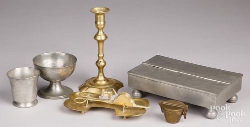 Metalware to include a pewter standish, etc.
