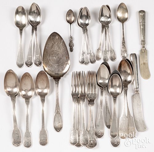 Silver flatware and two coin silver knives