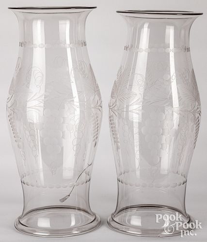 Pair of etched glass hurricane shades
