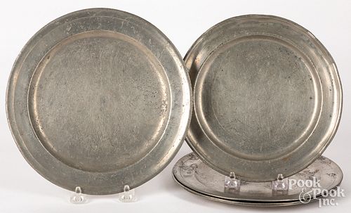 Five Nathaniel Austin pewter plates
