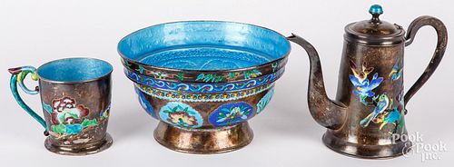 Chinese enamel decorated silver bowl, etc.