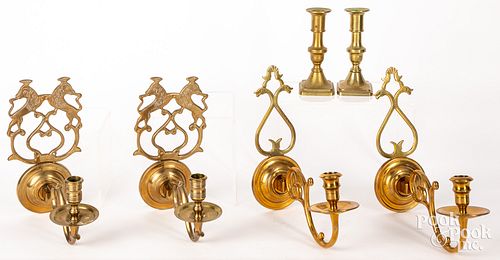 Two pairs of brass wall sconces, 20th c., etc.