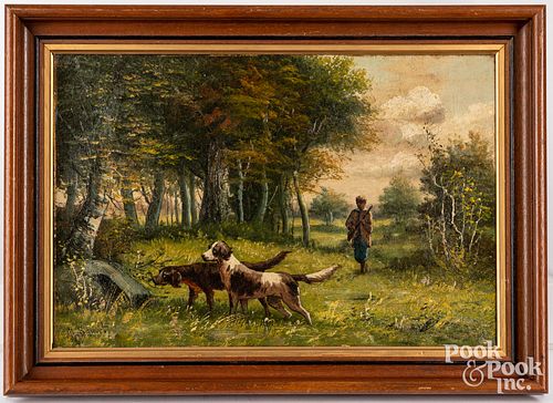 Oil on canvas of young hunter and dogs