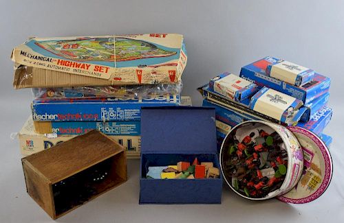 Fischer Technik boxed toy construction sets, a lego set, and some other toys to include a 'Downfall' board game,
