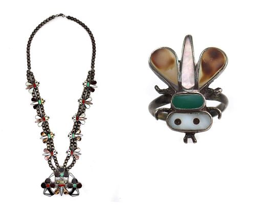 Sarah Eustice - Zuni Multi-Stone Channel Inlay and Silver Squash Blossom-Style Necklace and Ring Set c. 1960s (J15556)