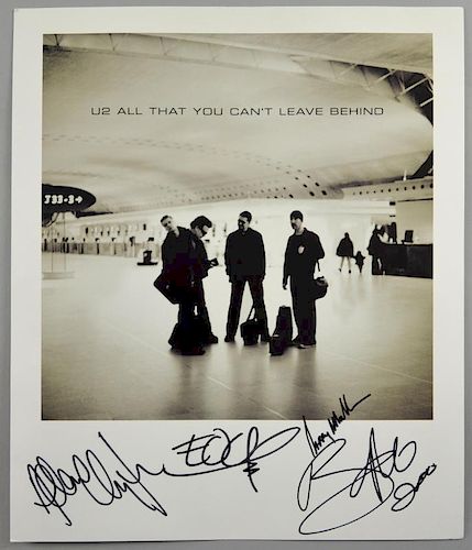 U2 - 'All That You Cant Leave Behind' promotional poster signed by all four in black marker including Bono, flat, 14 x 12 inc