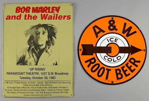 Bob Marley Tin advert for his gig at Paramount Theatre Portland USA on Oct 28, 1980, 12 x 16 inches & A & W Root Beer metal s