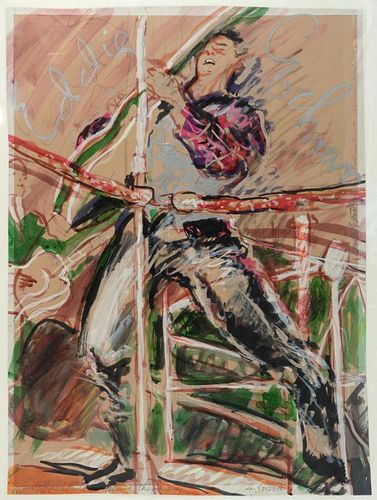 David Oxtoby (British, 1938), 'Eddie Cochran' mixed media on paper, annotated 'Nordoff Robbins Music Therapy, 4 Spider, dedic