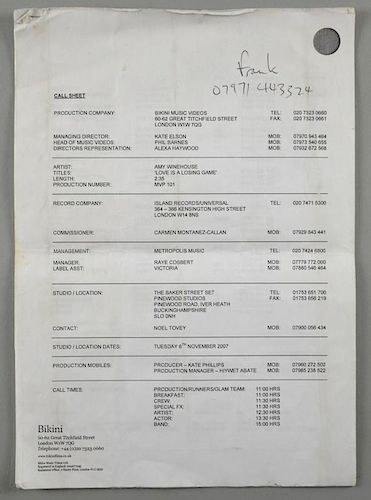 Amy Winehouse - Love Is A Losing Game, Call Sheet for the filming of the music video at Pinewood Studios on the 6th November 