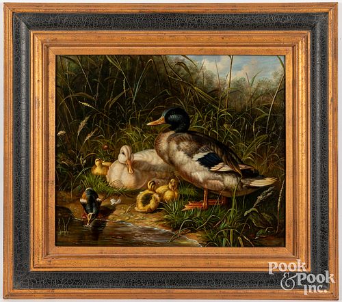 Contemporary oil on canvas of a family of ducks