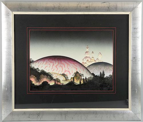 ﾧ Roger Dean (b. 1944) - Domes at Night, mixed media on board, this original artwork was used as the album cover for the Ur