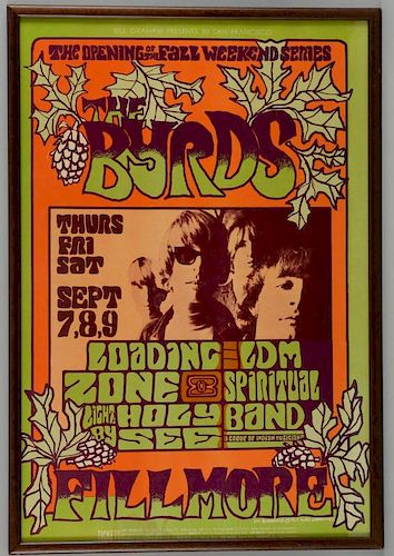 The Byrds at the Fillmore Auditorium (1967) Rock N Roll Bill Graham Concert Poster 82, artist Jim Blashfield incorporates a f