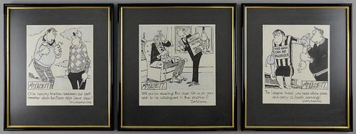 Roy Ullyett (1914-2001) Three original pen drawings of comical scenes for the Daily Express, framed, each approx 8 x 9 inches