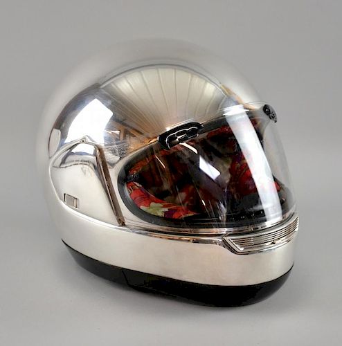 Motorsport/ Motor Racing - A rare Mappin & Webb hallmarked full size presentation crash helmet, the silver-coated helmet stam
