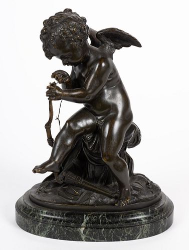 AFTER CHARLES GABRIEL SAUVAGE LEMIRE (FRENCH, 1741-1827) BRONZE FIGURE OF A CHERUB WITH BOW