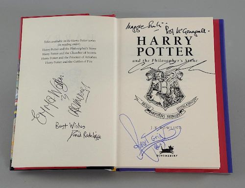 Harry Potter and the Philosopher's Stone - Hardback book signed to the inside by Daniel Radcliffe, Emma Watson, Rupert Grint,