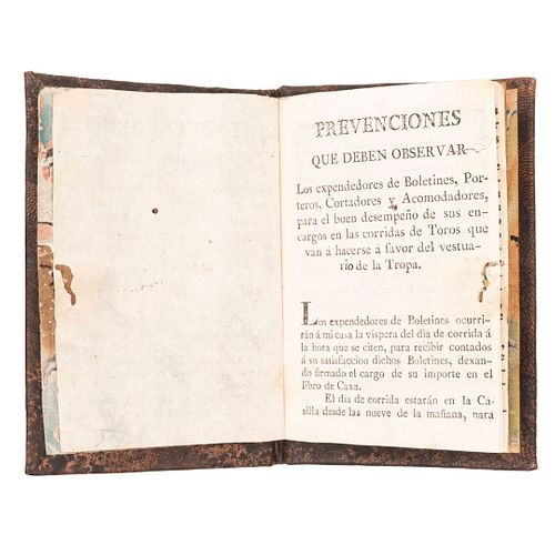 Gutiérrez del Mazo, Ramón. Prevenciones que Deben Observar... en las Corridas de Toros en Favor del Vestuario de la Tropa. Mexico, 1815