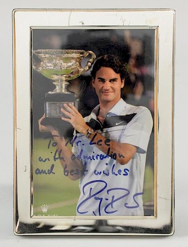 Roger Federer - Signed colour print of the Tennis player, 'To Mr. Lee with admiration and best wishes Roger Federer', 6 x 4 i