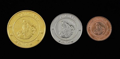 Harry Potter and the Philosopher's Stone (2001) Set of three different production made denominations of prop Gringott's Coins