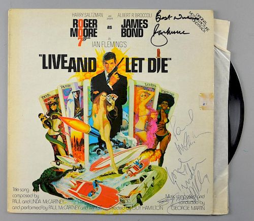 James Bond - Live and Let Die - Vinyl LP album signed on the frony cover by Roger Moore, Paul McCartney, Linda McCartney & Ge