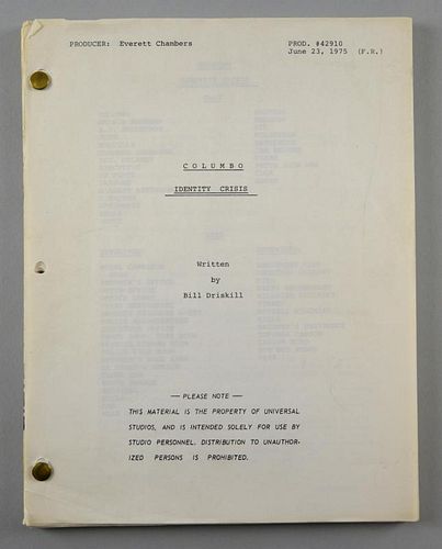Columbo (American TV Series) Original script for 'Identity Crisis' written by Bill Driskill, dated June 23,1975
