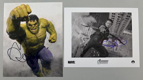 Avengers Assemble Autographs: A signed Jeremy Renner as Clint Barton/ Hawkeye promotional photograph, signed in blue felt pen