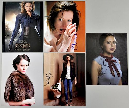 British Actress Autographs: 5 signed publicity photographs, signatures including; Tilda Swinton, Lily James, Claire Foy, Bell