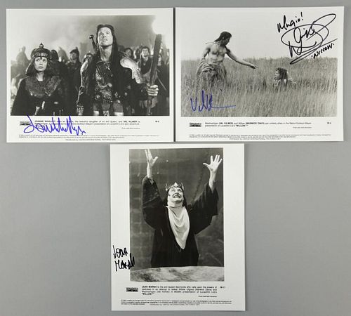 Willow (1988) Three promotional stills signed by stars of the movie, including; Warwick Davis & Val Kilmer (both signatures t