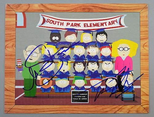 South Park - American TV Series, promotional standee signed by Trey Parker & Matt Stone, 10 x 8 inches