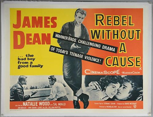 Rebel Without a Cause (R-1970's) British Quad film poster, starring James Dean, Warner Brothers, folded, 30 x 40 inches