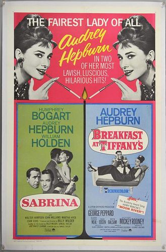 Sabrina / Breakfast at Tiffany's (1965) One Sheet Double Bill film poster, starring Audrey Hepburn, Paramount, 27 x 41 inches