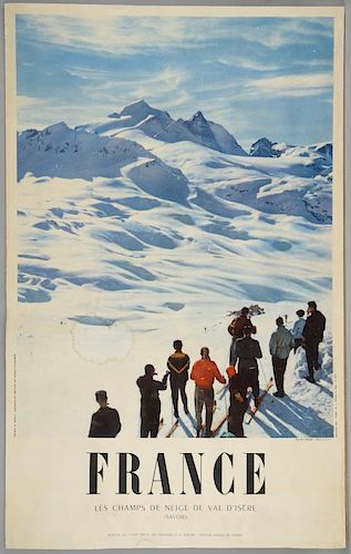 France Les Champs De Neige De Val D'Isere - Ski Poster, artwork M. Carabin, Printed in France by Draeger in 1954, linen backe