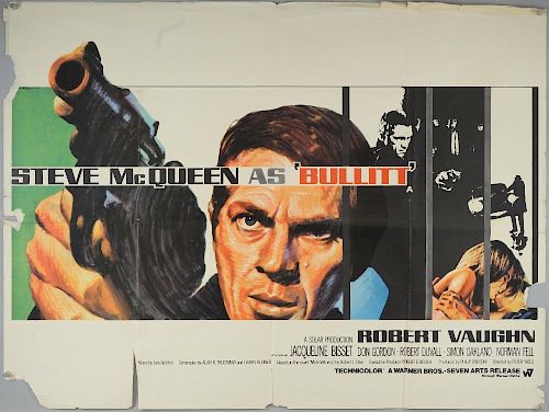 Bullitt (1968) British Quad film poster, starring Steve McQueen, artwork by Tom Chantrell, Warner Brothers / Seven Arts, fold