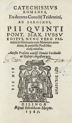 Catechismus Romanus, ec decreto Conciliij Tridentini... Mit Wappenholzschnitt auf dem Titel und 2 figuerlichen Holzschnittini